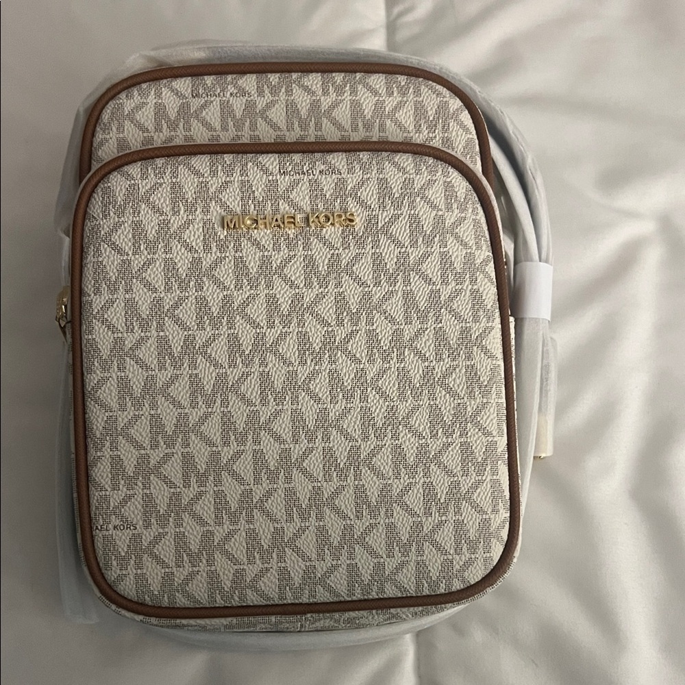 Michael Kors Cream Monogram Purse with Brown Trim